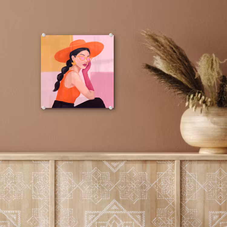 Glas schilderij - Vrouw - Hoed - Mode - Modern - Oranje — 6