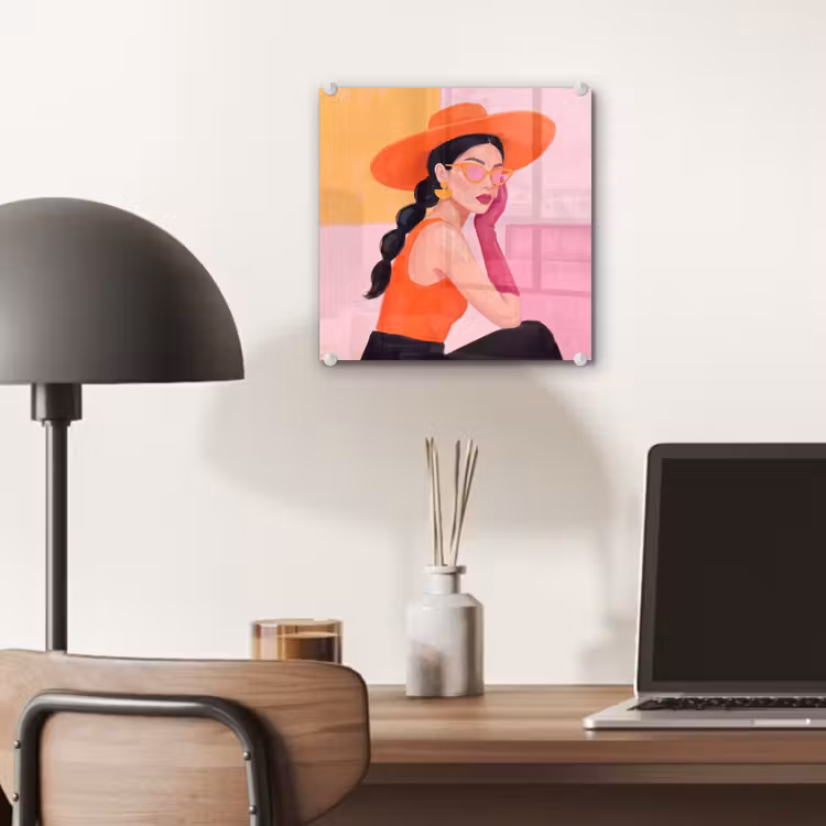 Glas schilderij - Vrouw - Hoed - Mode - Modern - Oranje — 7