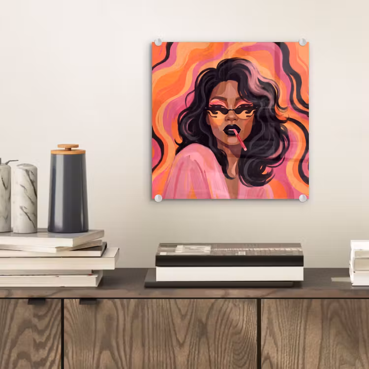 Glas schilderij - Vrouw - Zonnebril - Modern - Portret - Oranje — 2