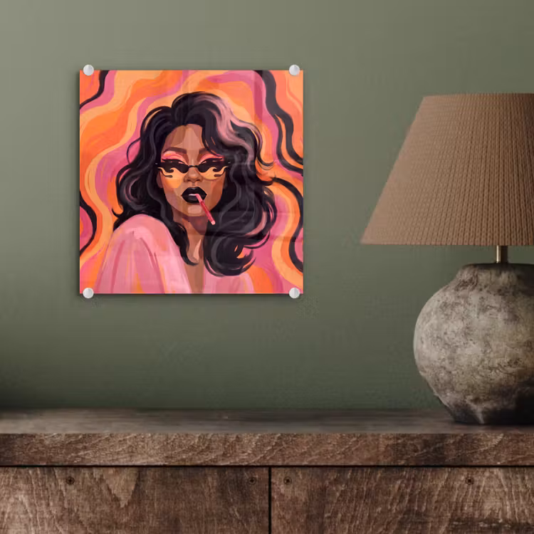 Glas schilderij - Vrouw - Zonnebril - Modern - Portret - Oranje — 4