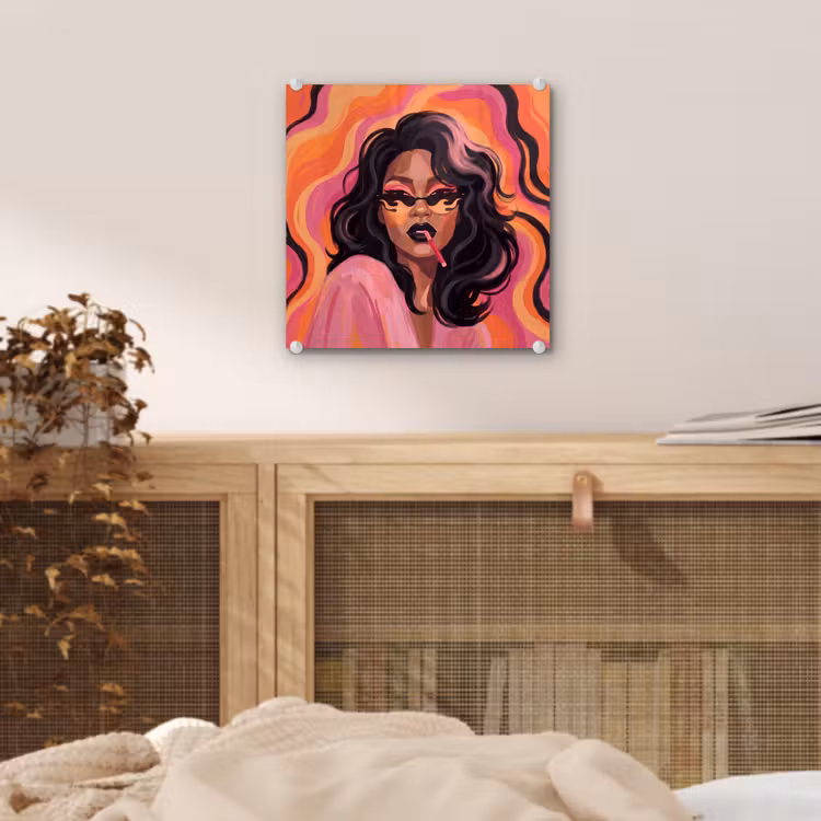 Glas schilderij - Vrouw - Zonnebril - Modern - Portret - Oranje — 5