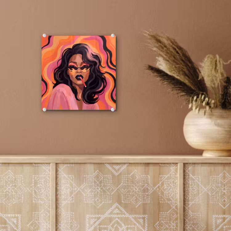 Glas schilderij - Vrouw - Zonnebril - Modern - Portret - Oranje — 6