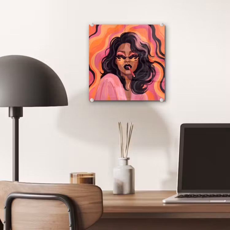 Glas schilderij - Vrouw - Zonnebril - Modern - Portret - Oranje — 7