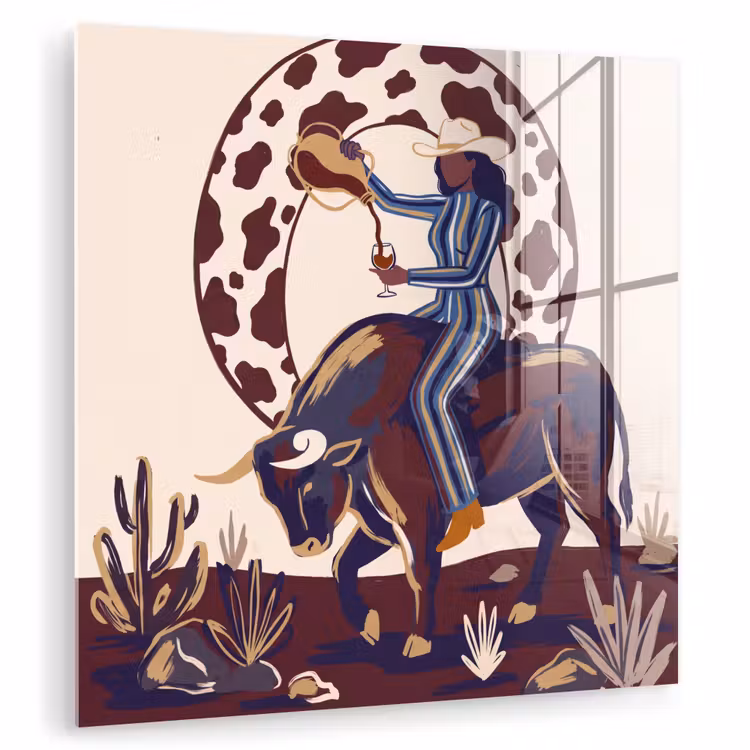 Glas schilderij - Mensen - Dieren - Cowboy - Abstract - Kleurrijk — 1