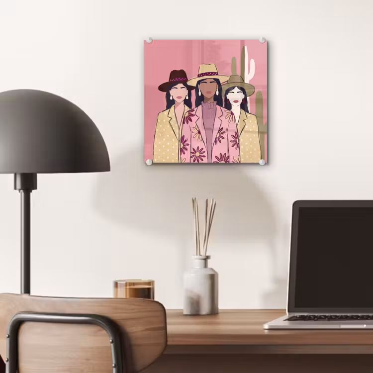 Glas schilderij - Mensen - Hoeden - Abstract - Roze - Portret — 7