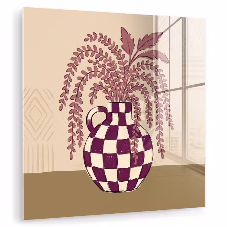 Glas schilderij - Vaas - Geruit - Planten - Modern - Paars — 1