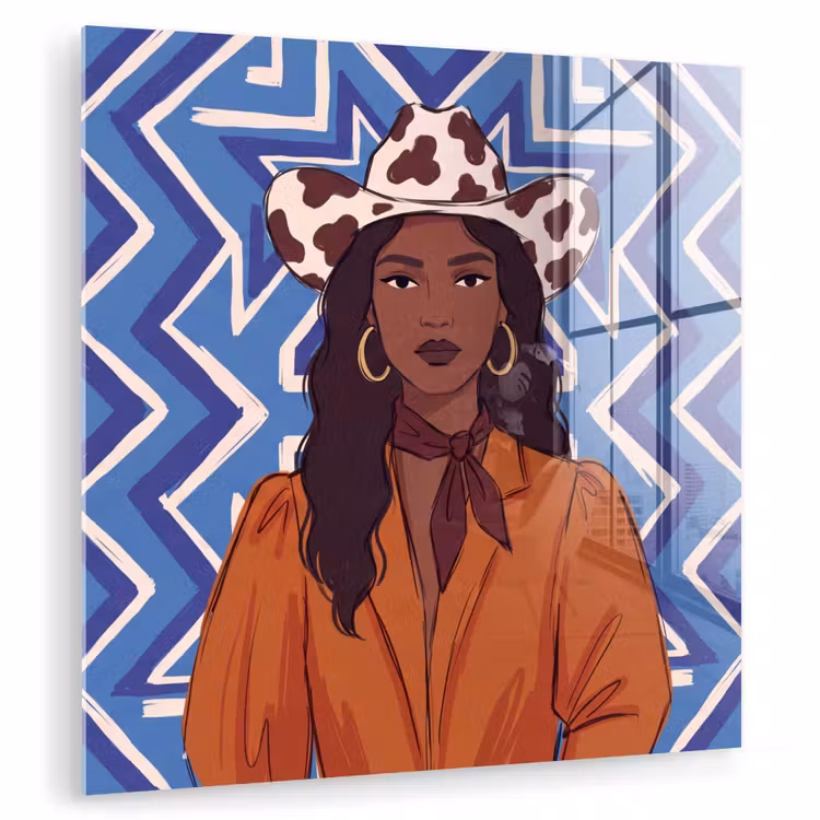 Glas schilderij - Vrouw - Cowboyhoed - Portret - Modern - Blauw — 1