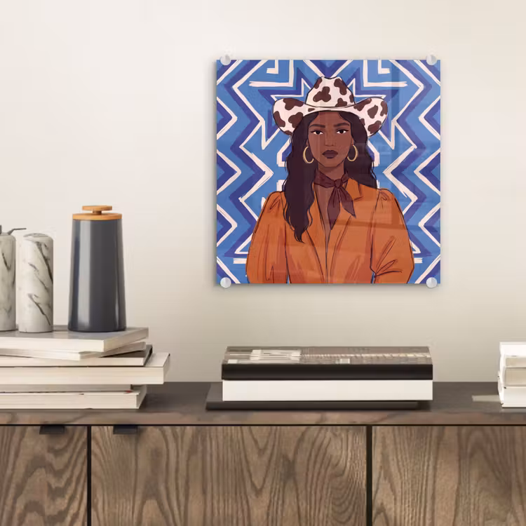Glas schilderij - Vrouw - Cowboyhoed - Portret - Modern - Blauw — 2