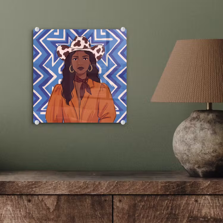 Glas schilderij - Vrouw - Cowboyhoed - Portret - Modern - Blauw — 4