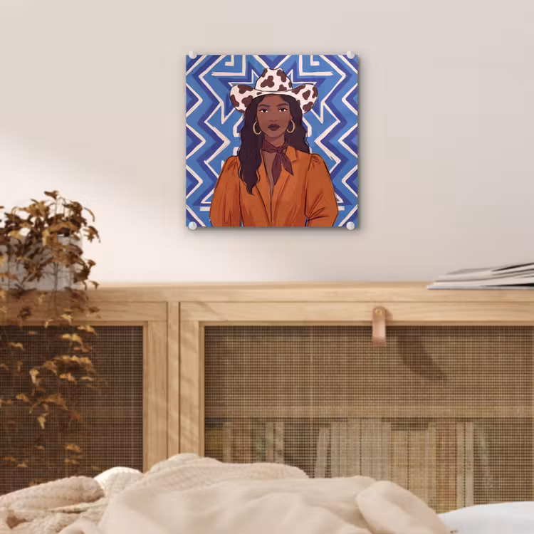 Glas schilderij - Vrouw - Cowboyhoed - Portret - Modern - Blauw — 5