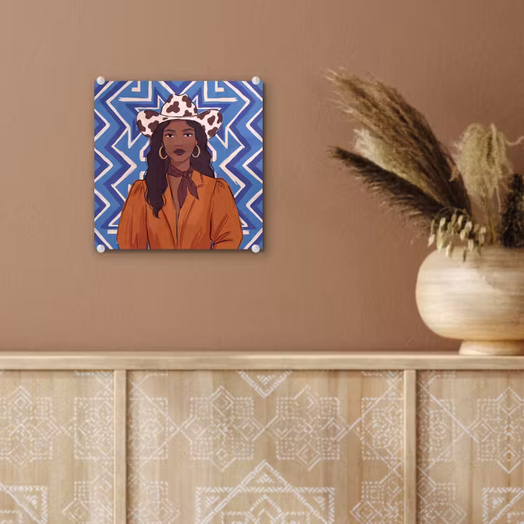 Glas schilderij - Vrouw - Cowboyhoed - Portret - Modern - Blauw — 6