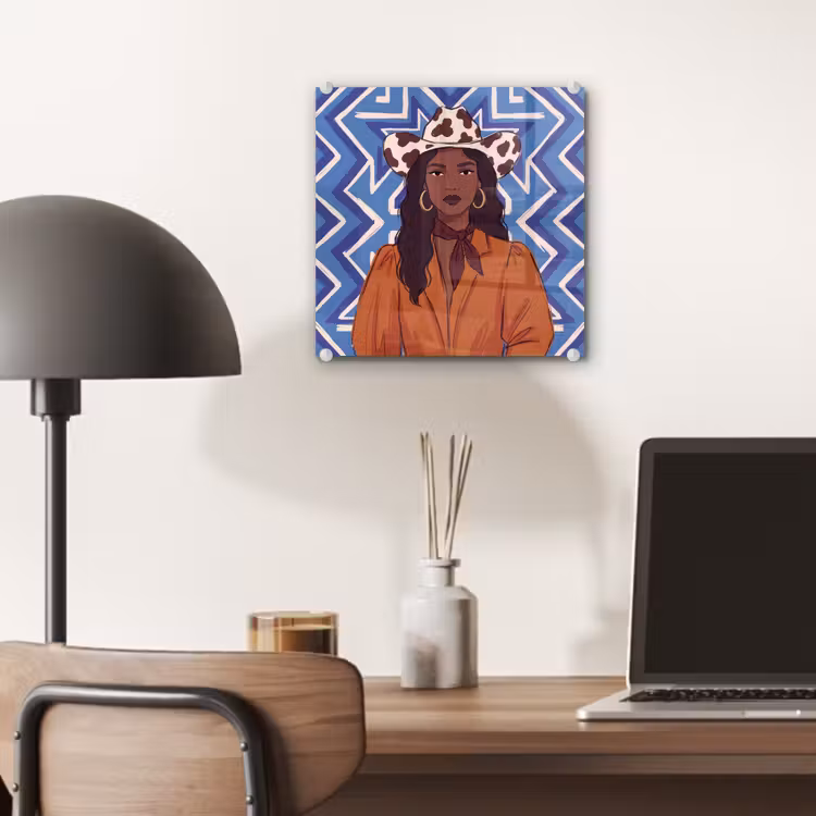 Glas schilderij - Vrouw - Cowboyhoed - Portret - Modern - Blauw — 7