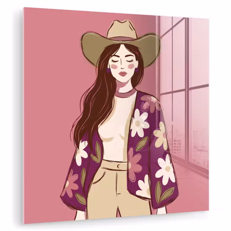 Glas schilderij - Vrouw - Hoed - Portret - Illustratie - Roze — 1