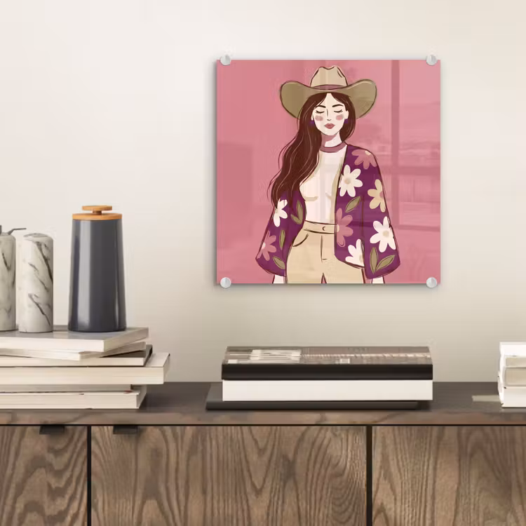 Glas schilderij - Vrouw - Hoed - Portret - Illustratie - Roze — 2