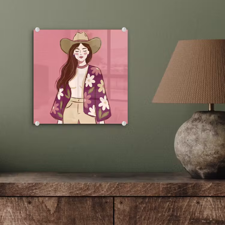 Glas schilderij - Vrouw - Hoed - Portret - Illustratie - Roze — 4