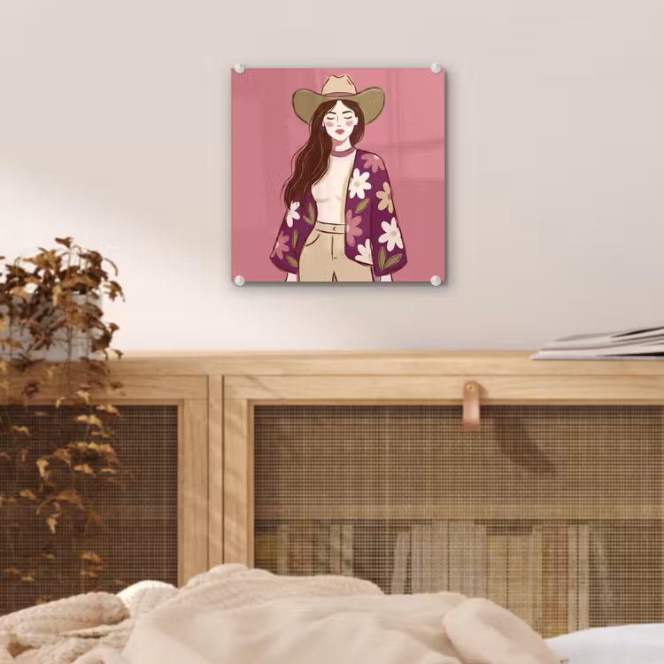 Glas schilderij - Vrouw - Hoed - Portret - Illustratie - Roze — 5