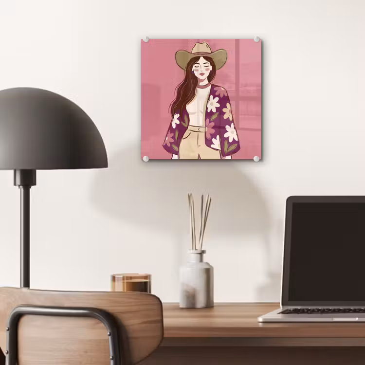 Glas schilderij - Vrouw - Hoed - Portret - Illustratie - Roze — 7