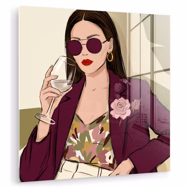 Glas schilderij - Vrouw - Wijn - Portret - Mode - Modern — 1