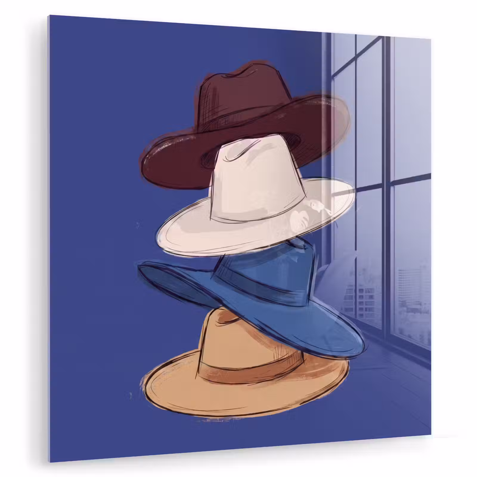 Glas schilderij - Hoeden - Gestapeld - Mode - Kleurrijk - Illustratie — 1