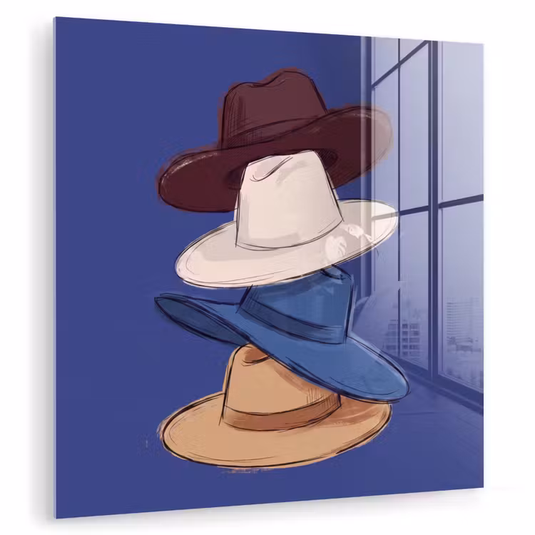 Glas schilderij - Hoeden - Gestapeld - Mode - Kleurrijk - Illustratie — 1