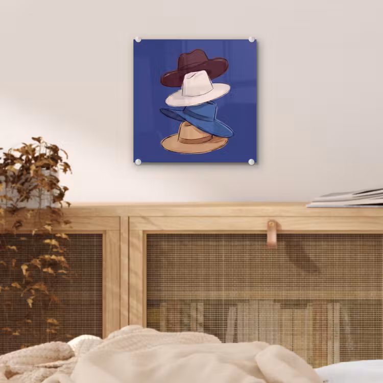 Glas schilderij - Hoeden - Gestapeld - Mode - Kleurrijk - Illustratie — 5