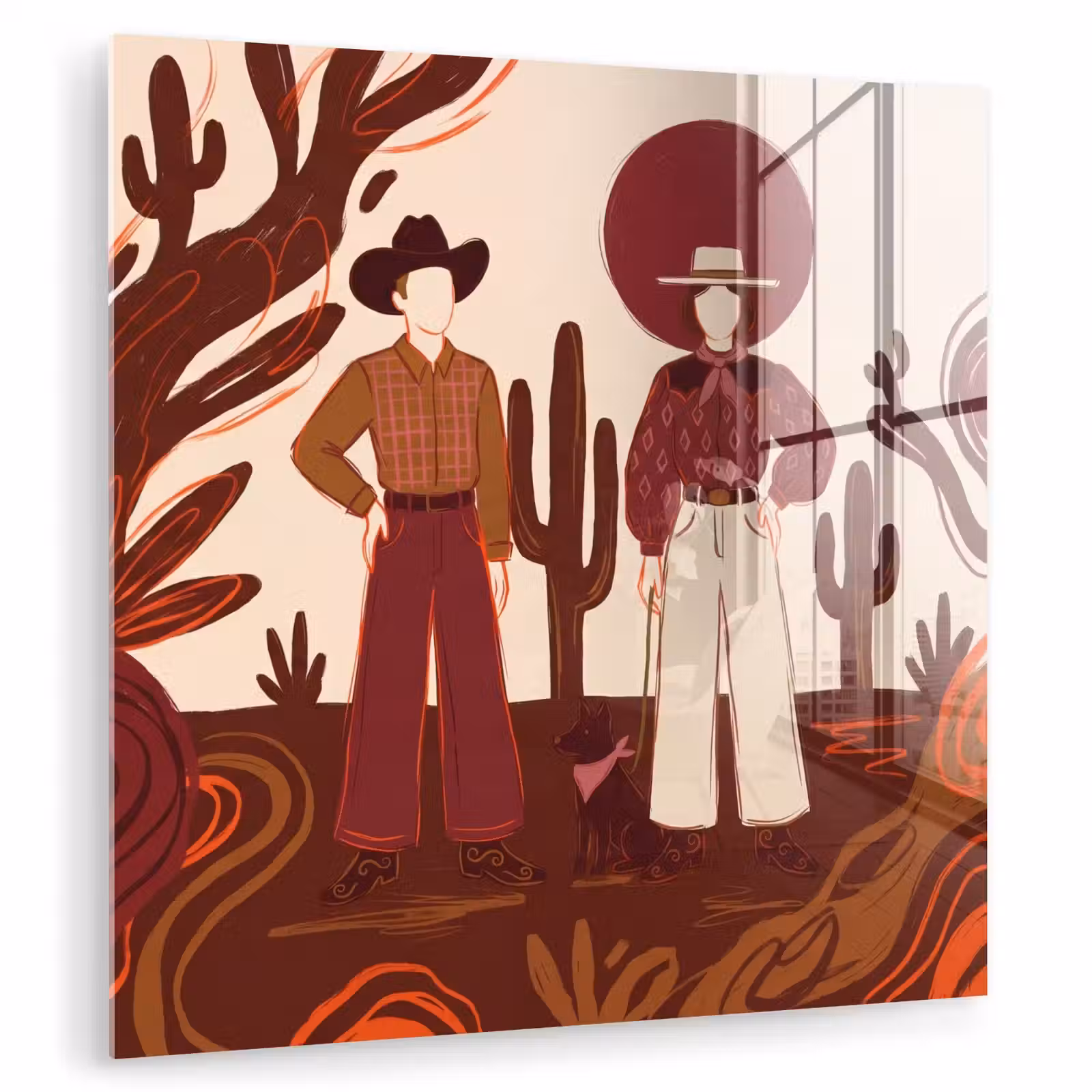 Glas schilderij - Mensen - Cowboykleding - Westerse stijl - Illustratie - Bruin — 1