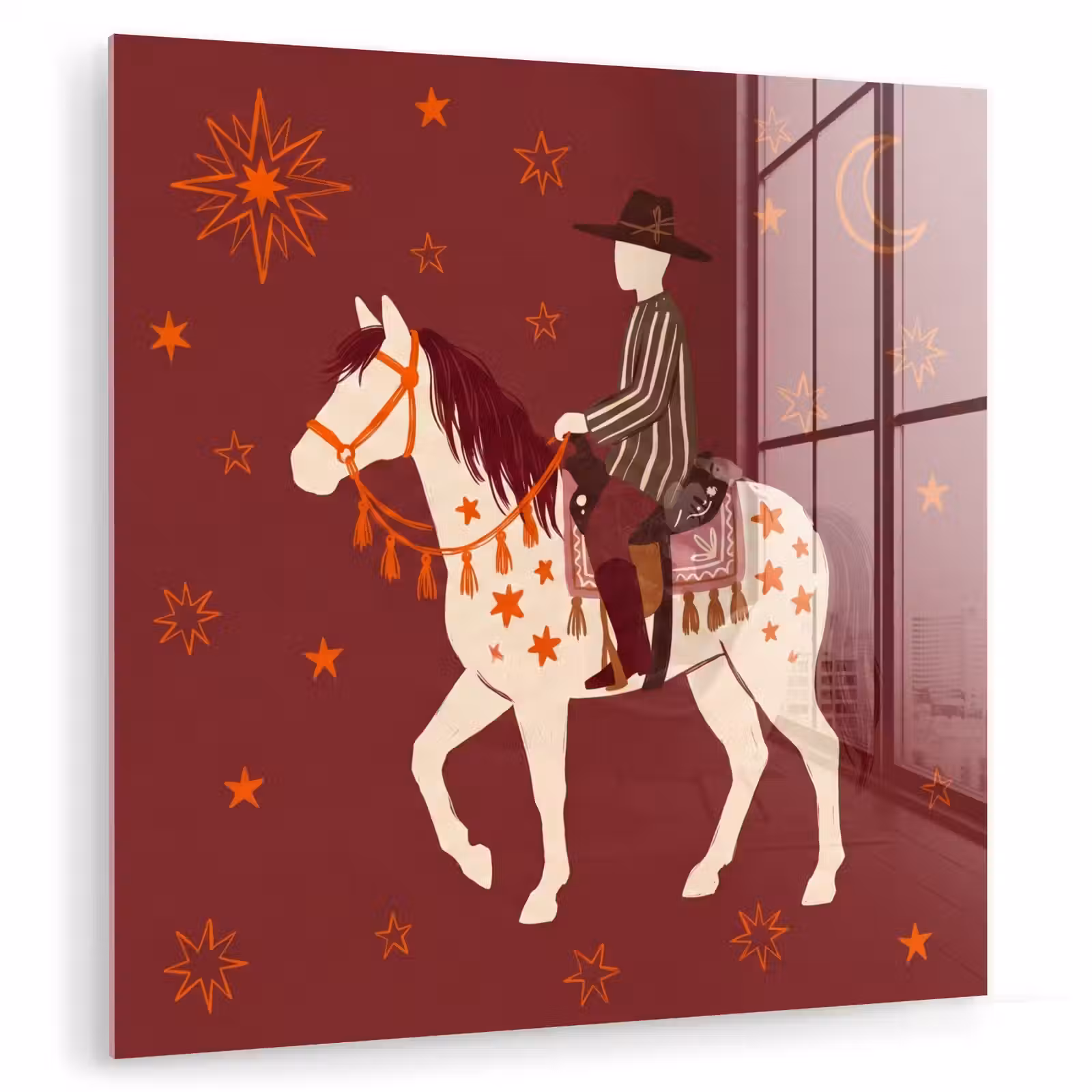 Glas schilderij - Paard - Ruiter - Sterren - Nacht - Illustratie — 1