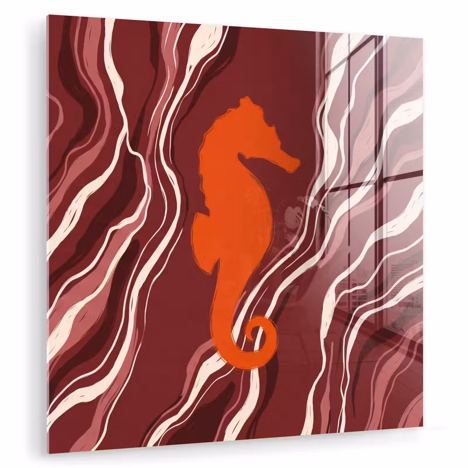 Glas schilderij - Zeepaardje - Golven - Zeeleven - Abstract - Oranje — 1