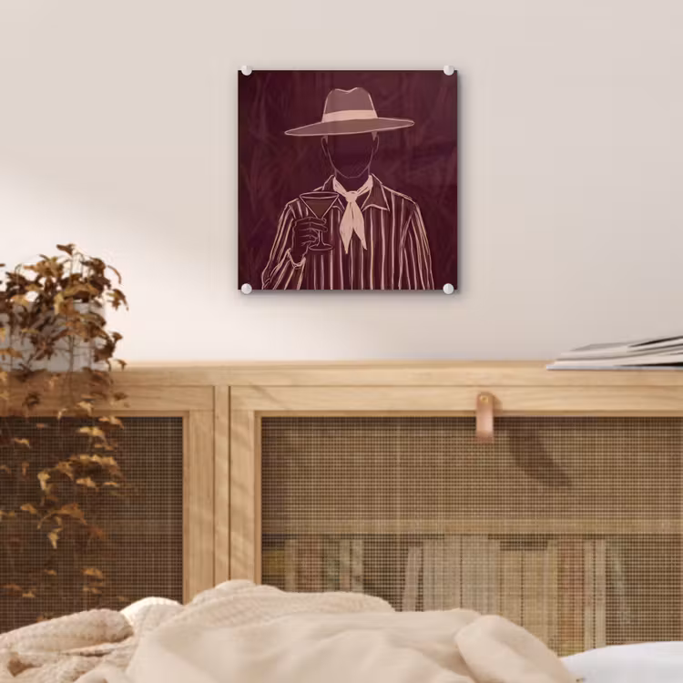 Glas schilderij - Mens - Hoed - Cocktail - Abstract - Bruin — 5