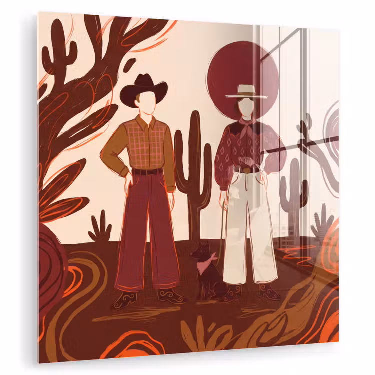 Glas schilderij - Mensen - Cowboykleding - Westerse stijl - Illustratie - Bruin — 1