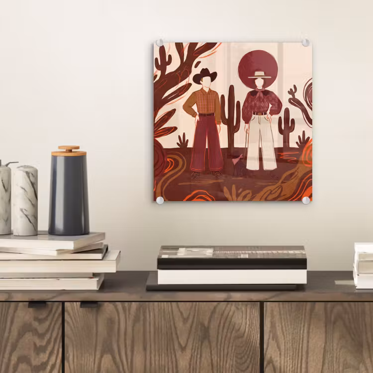 Glas schilderij - Mensen - Cowboykleding - Westerse stijl - Illustratie - Bruin — 2