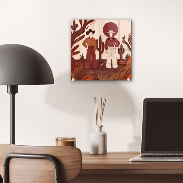 Glas schilderij - Mensen - Cowboykleding - Westerse stijl - Illustratie - Bruin — 7