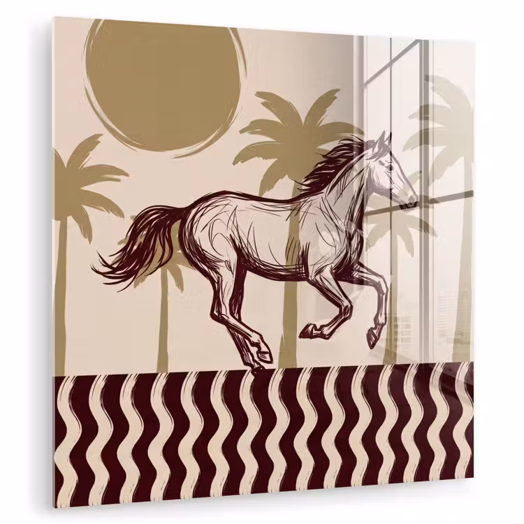 Glas schilderij - Paard - Galopperend - Woestijn - Illustratie — 1