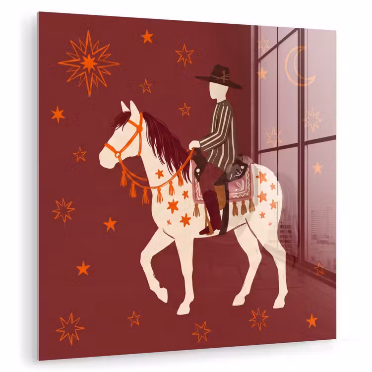 Glas schilderij - Paard - Ruiter - Sterren - Nacht - Illustratie — 1
