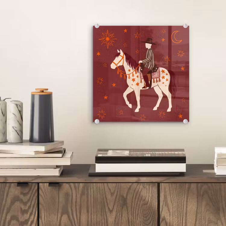 Glas schilderij - Paard - Ruiter - Sterren - Nacht - Illustratie — 2