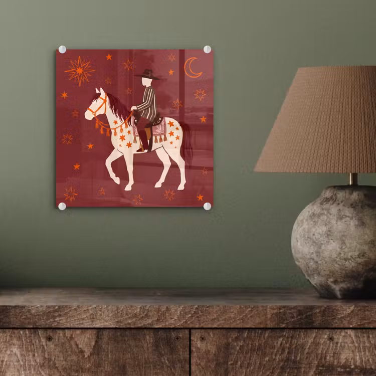 Glas schilderij - Paard - Ruiter - Sterren - Nacht - Illustratie — 4