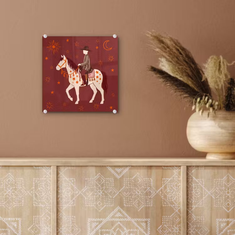 Glas schilderij - Paard - Ruiter - Sterren - Nacht - Illustratie — 6