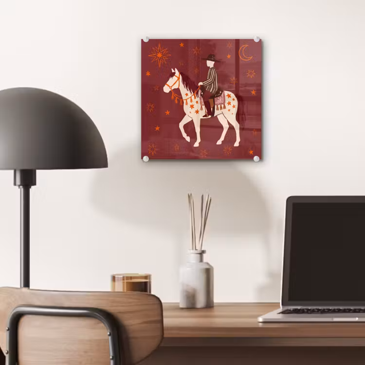 Glas schilderij - Paard - Ruiter - Sterren - Nacht - Illustratie — 7
