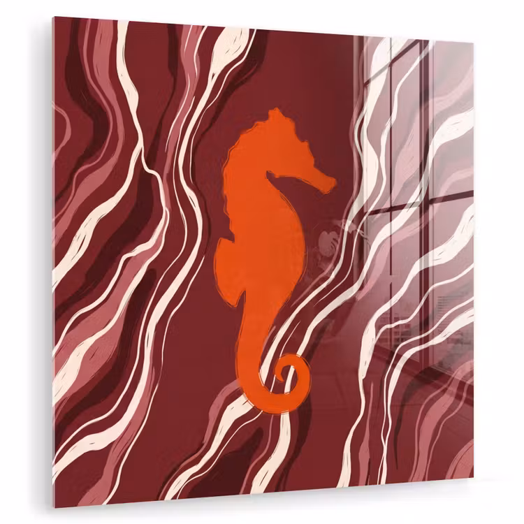 Glas schilderij - Zeepaardje - Golven - Zeeleven - Abstract - Oranje — 1