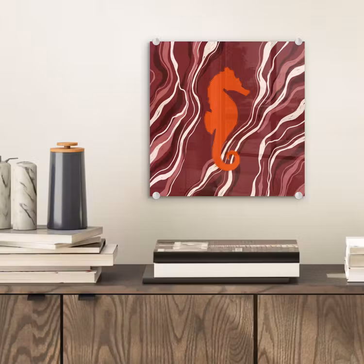 Glas schilderij - Zeepaardje - Golven - Zeeleven - Abstract - Oranje — 2