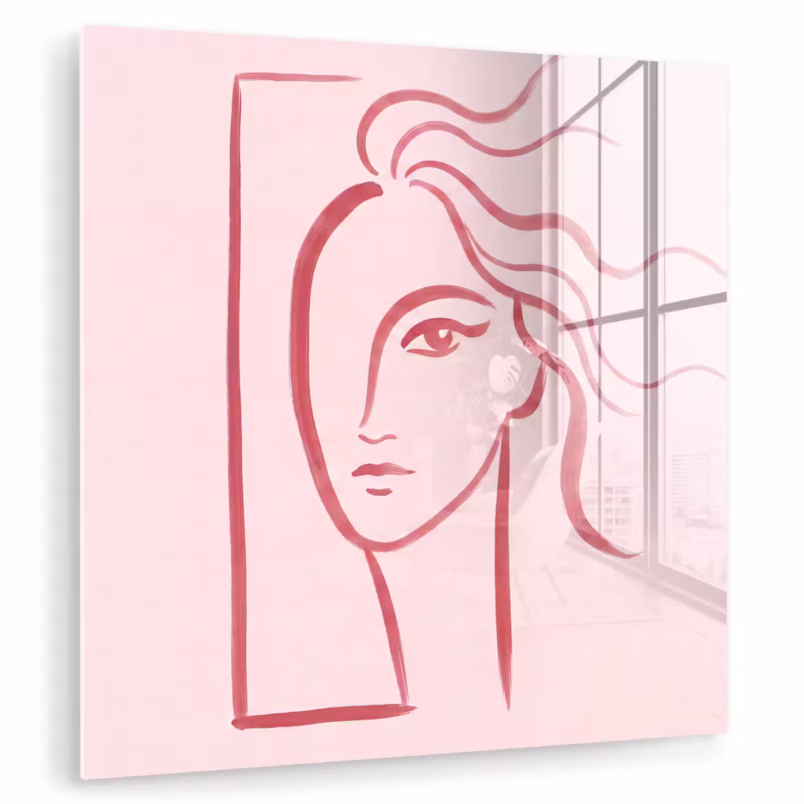 Glas schilderij - Vrouw - Portret - Abstract - Lijnkunst - Rood — 1