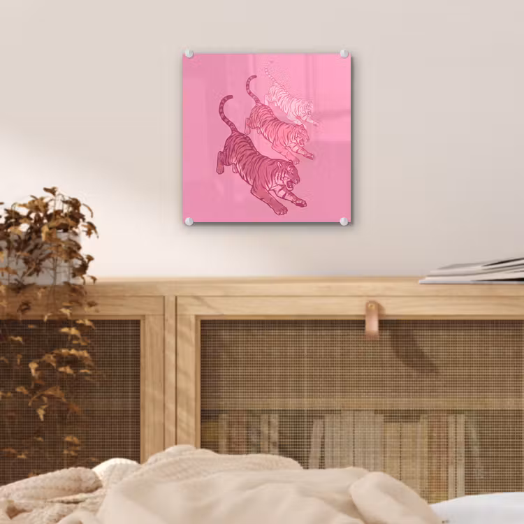 Glas schilderij - Kat - Springend - Dieren - Roze - Modern — 5