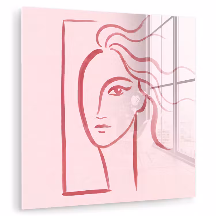 Glas schilderij - Vrouw - Portret - Abstract - Lijnkunst - Rood — 1