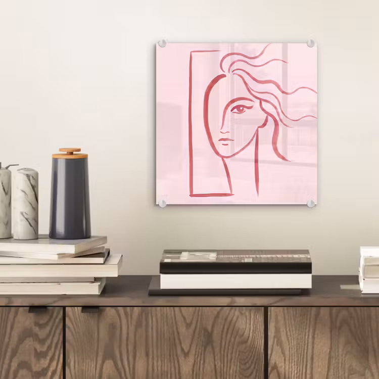 Glas schilderij - Vrouw - Portret - Abstract - Lijnkunst - Rood — 2