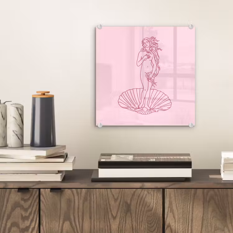 Glas schilderij - Vrouw - Schelp - Kunst - Lijntekening - Roze — 2