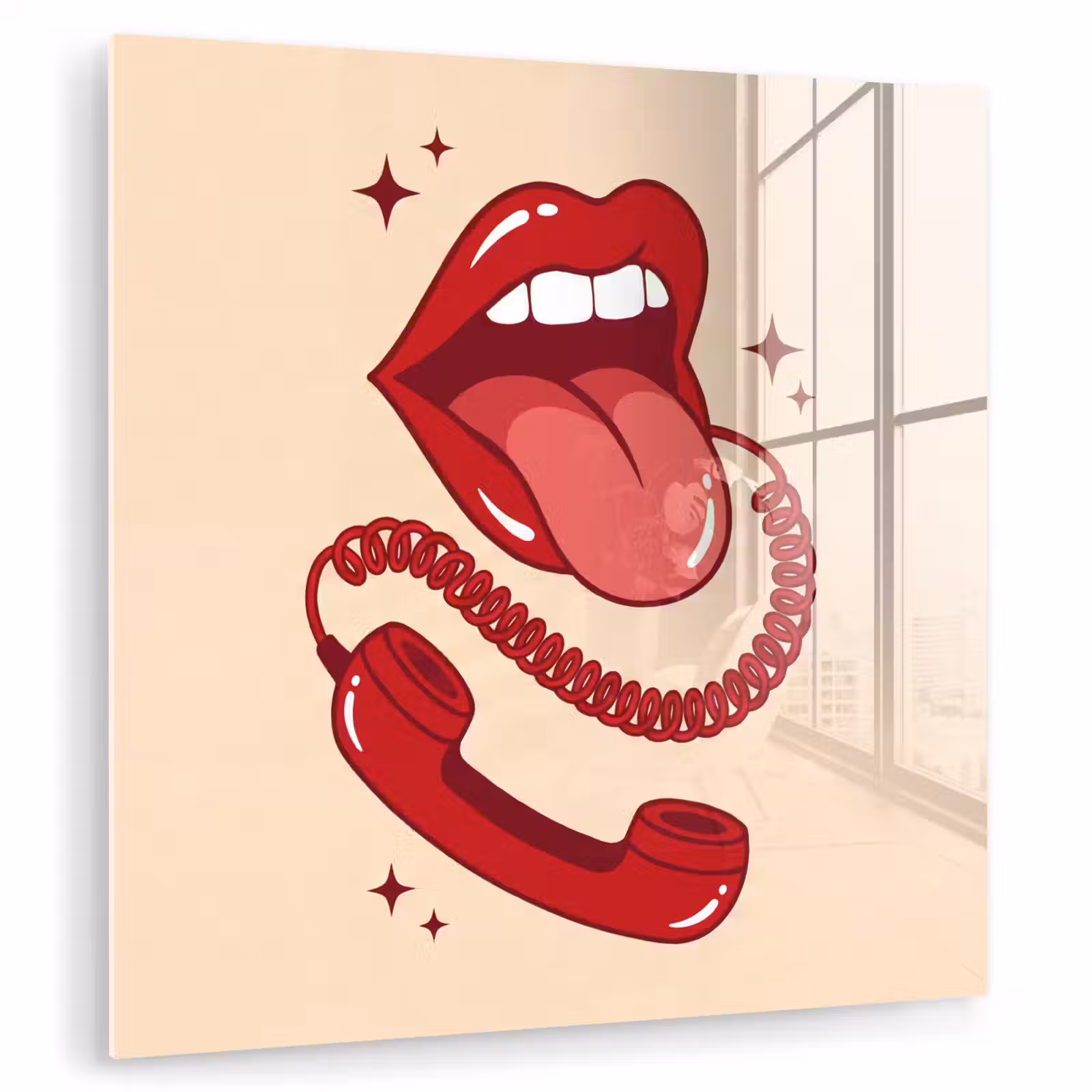 Glas schilderij - Mond - Telefoon - Popart - Rood - Illustratie — 1