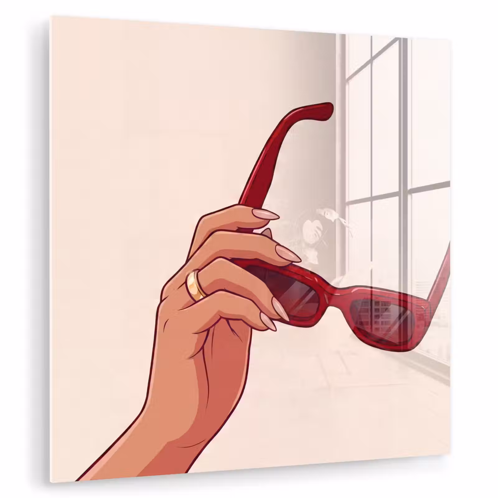 Glas schilderij - Vrouw - Zonnebril - Mode - Rood - Illustratie — 1