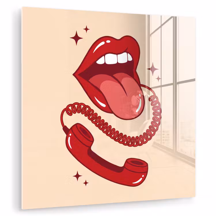 Glas schilderij - Mond - Telefoon - Popart - Rood - Illustratie — 1