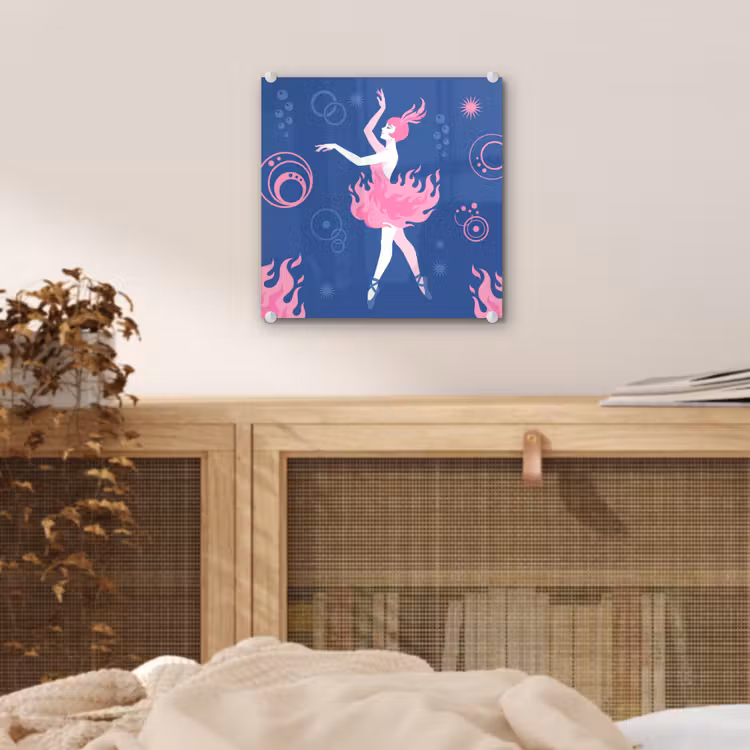 Glas schilderij - Danseres - Vlammenrok - Abstract - Roze - Blauw — 5
