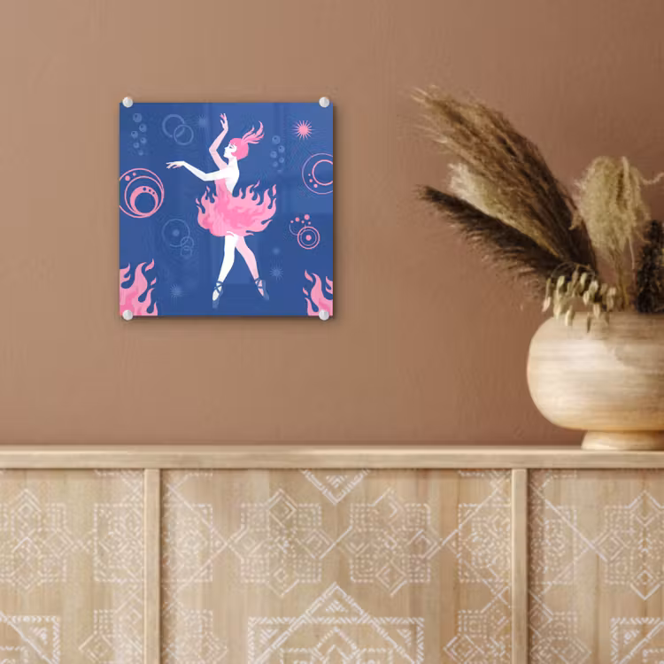 Glas schilderij - Danseres - Vlammenrok - Abstract - Roze - Blauw — 6